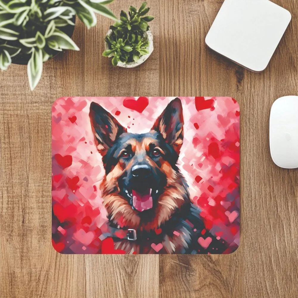 German Shepherd with Hearts Computer Mousepad Office Decor Mouse Mat Handmade